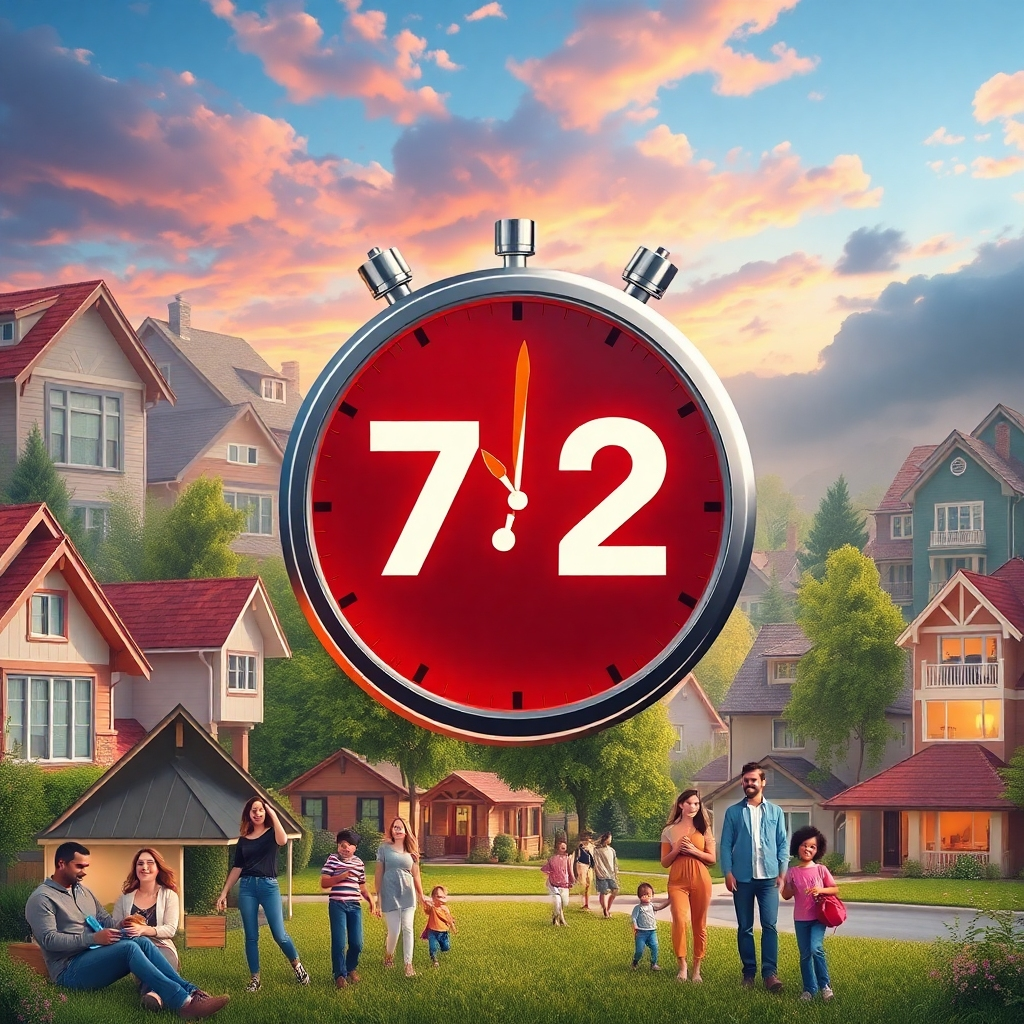 An illustration of a countdown clock set to 72 hours, surrounded by images of homes and happy families moving in. The background should showcase a vibrant neighborhood, emphasizing urgency and excitement in real estate opportunities.