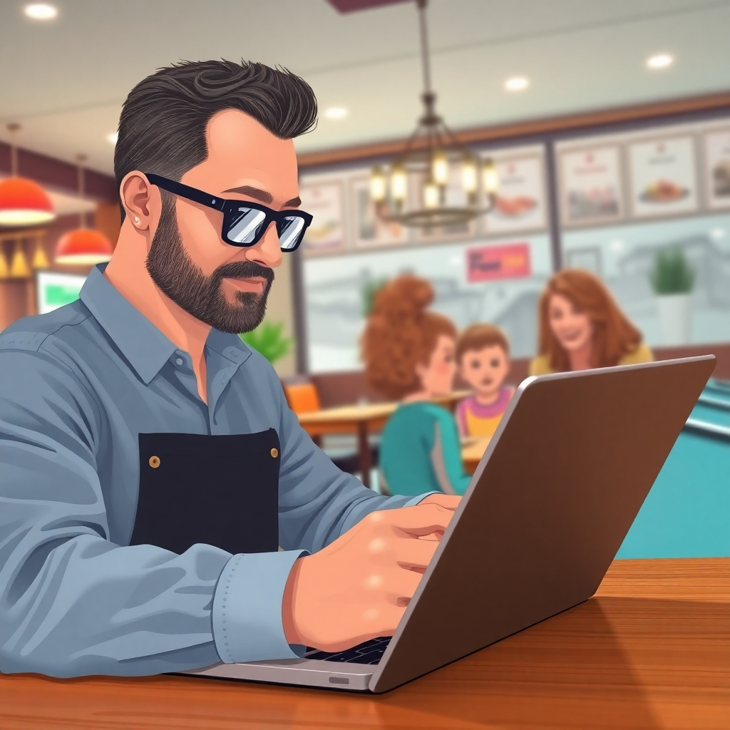 An illustration showing a tech-savvy restaurant owner analyzing detailed metrics on a laptop, displaying maps and analytics on flyer distribution. In the background, a happy family is arriving at the restaurant as a result of the campaign.