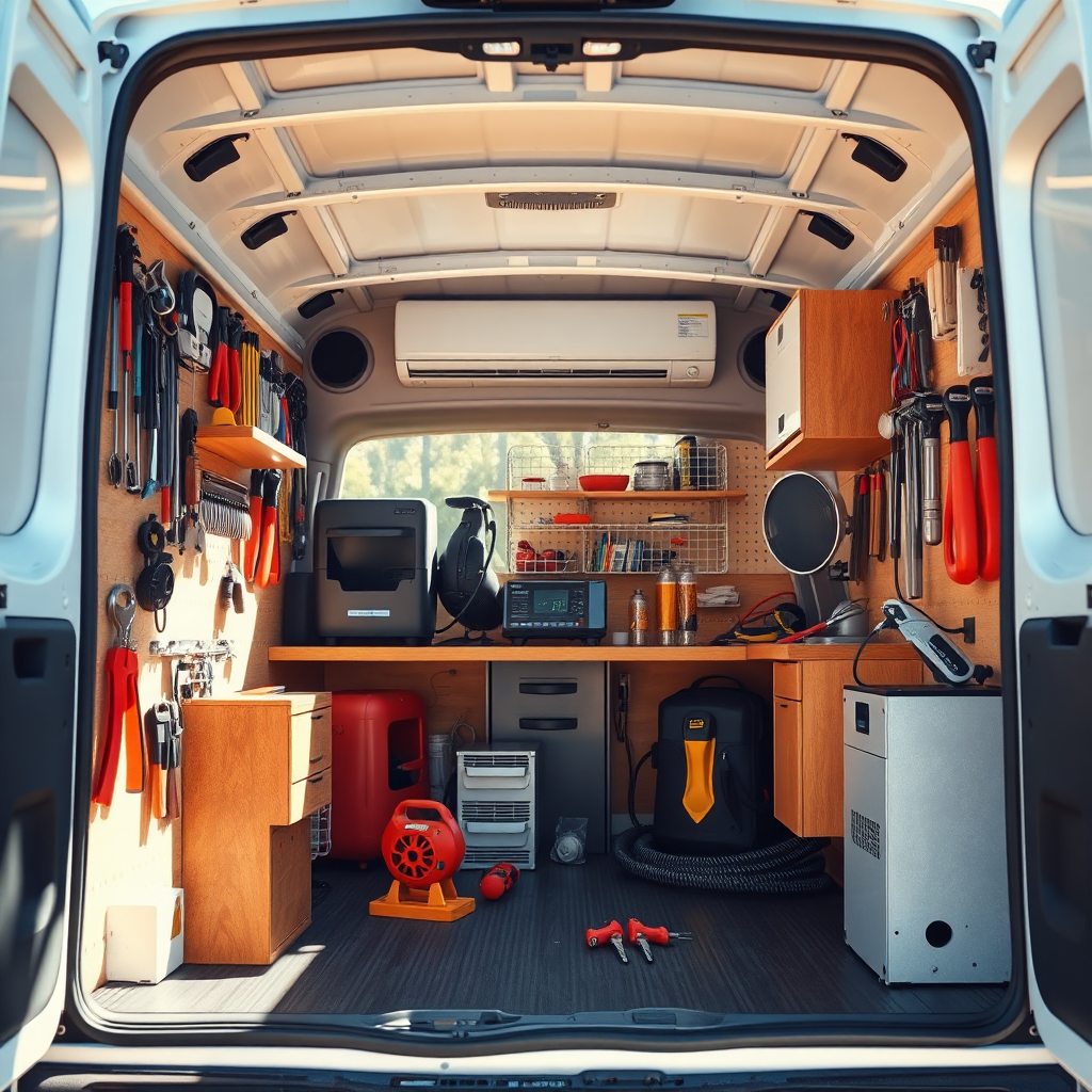 An illustrative image showing various locksmith tools and A/C equipment lining a well-organized workspace inside the mobile van. Detailed textures highlight the quality of the tools used for service. Brightly lit with natural light coming in, creating an inviting workspace feel. This image should evoke a sense of professionalism and thorough service offering, enhancing the overall theme of reliability.