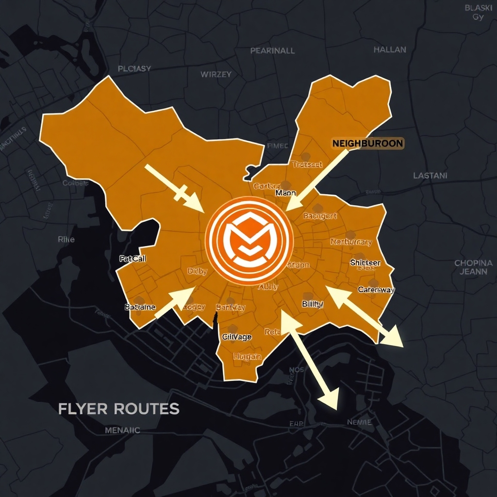 An illustrative map with highlighted areas showcasing targeted neighborhoods for flyer distribution. An overlay of a gym logo and arrows indicating routes where flyers have been distributed, symbolizing strategic targeting with a modern design.