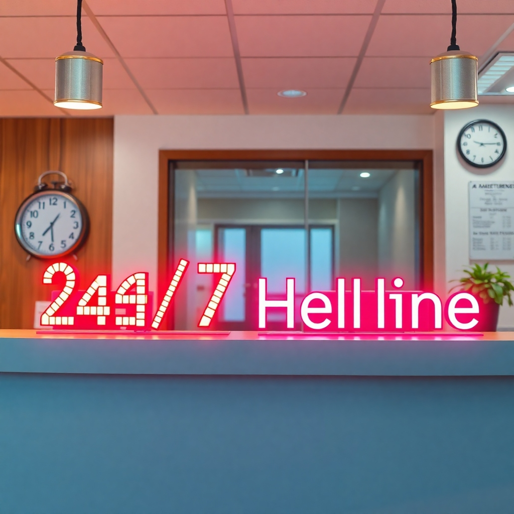 An image of a reception desk at an attorney's office with a glowing sign that reads '24/7 Helpline'. Behind the desk, a friendly attorney is speaking on the phone, while a clock shows late night hours. Bright, welcoming colors to convey accessibility.