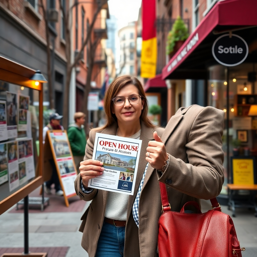 An image showing a real estate agent actively distributing open house flyers in a bustling neighborhood, with community bulletin boards, cafes, and local shops in the background, highlighting different distribution methods like handing out flyers, posting on boards, and using digital devices.