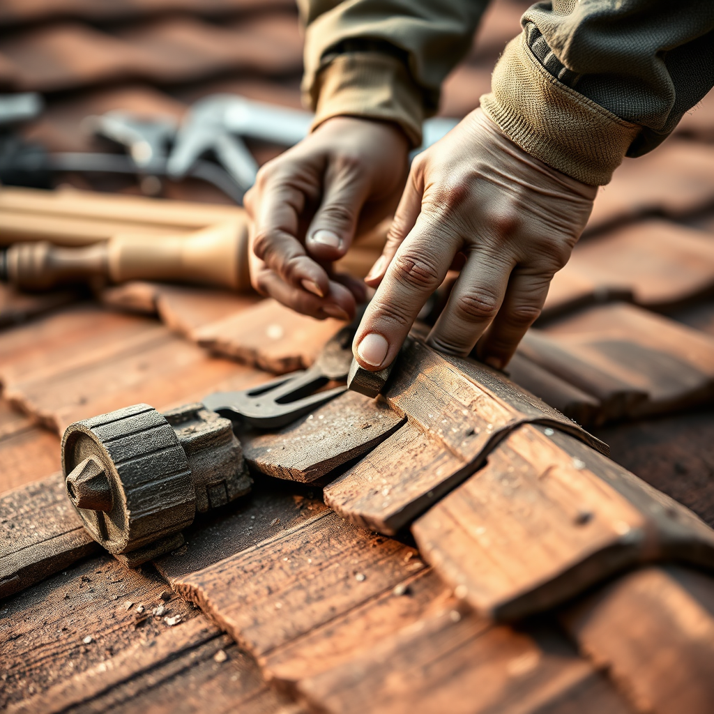 An image that captures the hands of a roofer delicately restoring intricate roofing details on a historic home. The focus is on the craftsmanship, with tools and materials in the background. Soft, diffused light creates a warm atmosphere, enhancing the textures of the restored areas. The color palette should include warm wooden tones and classic roof colors. A macro lens effect can emphasize the finer details of the renovation, producing a high-quality visual representation of expertise in restoration.