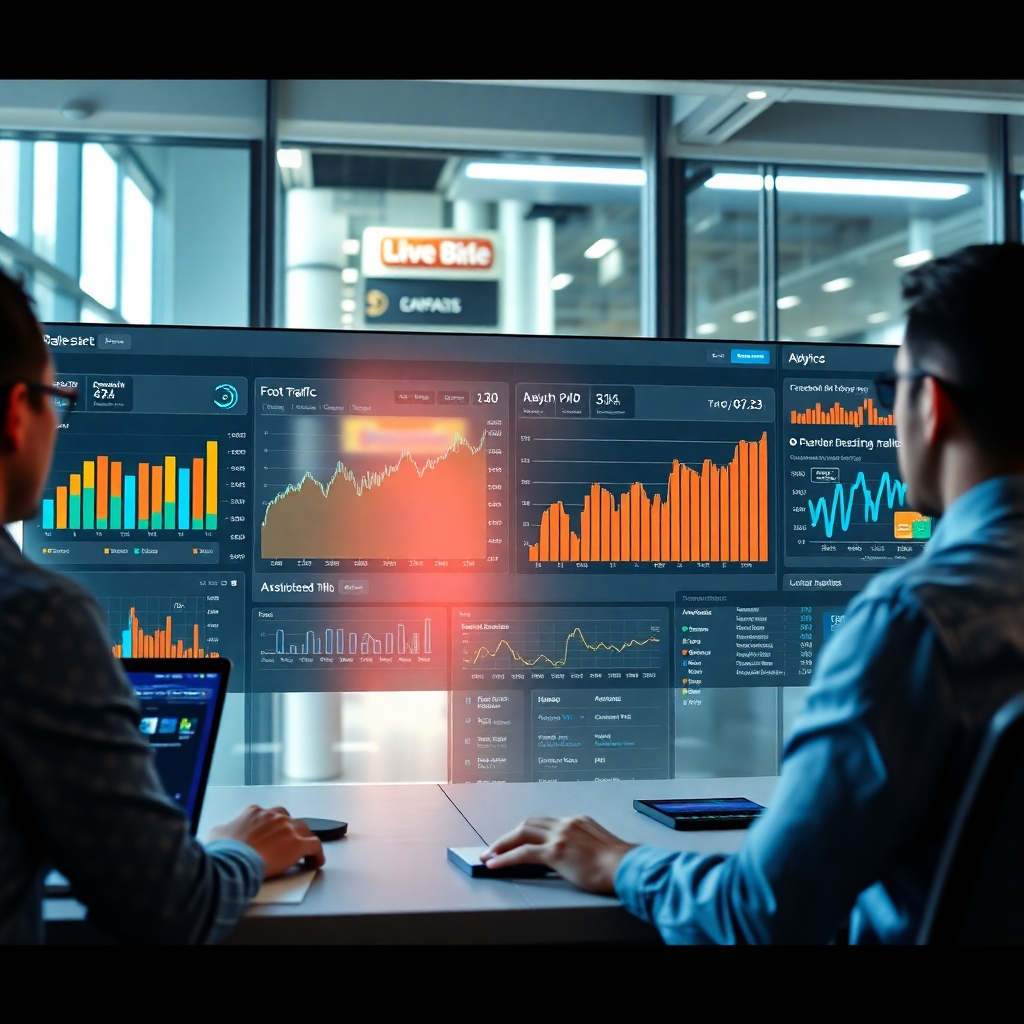 An immersive, detailed image of a digital dashboard displaying analytics graphs and maps, demonstrating foot traffic data and user interaction statistics, placed in a modern office setting with real estate professionals analyzing the data.
