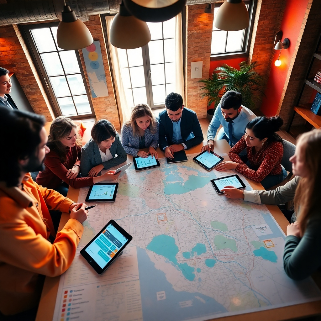 An immersive visual of a marketing brainstorming session where a group of diverse professionals collaborates around a table filled with maps and digital devices showcasing geofencing strategies. The lighting is warm and inviting, with natural light streaming in through large windows. The colors are a mix of earthy tones and vibrant accents, creating an inspiring atmosphere. The camera angle is from above, capturing the joint effort and strategy development among the team. Include elements like tablets displaying geolocation technology and charts. The setting should feel collaborative and vibrant, styled in a creative studio approach, rendered in ultra-high definition for clarity and depth.