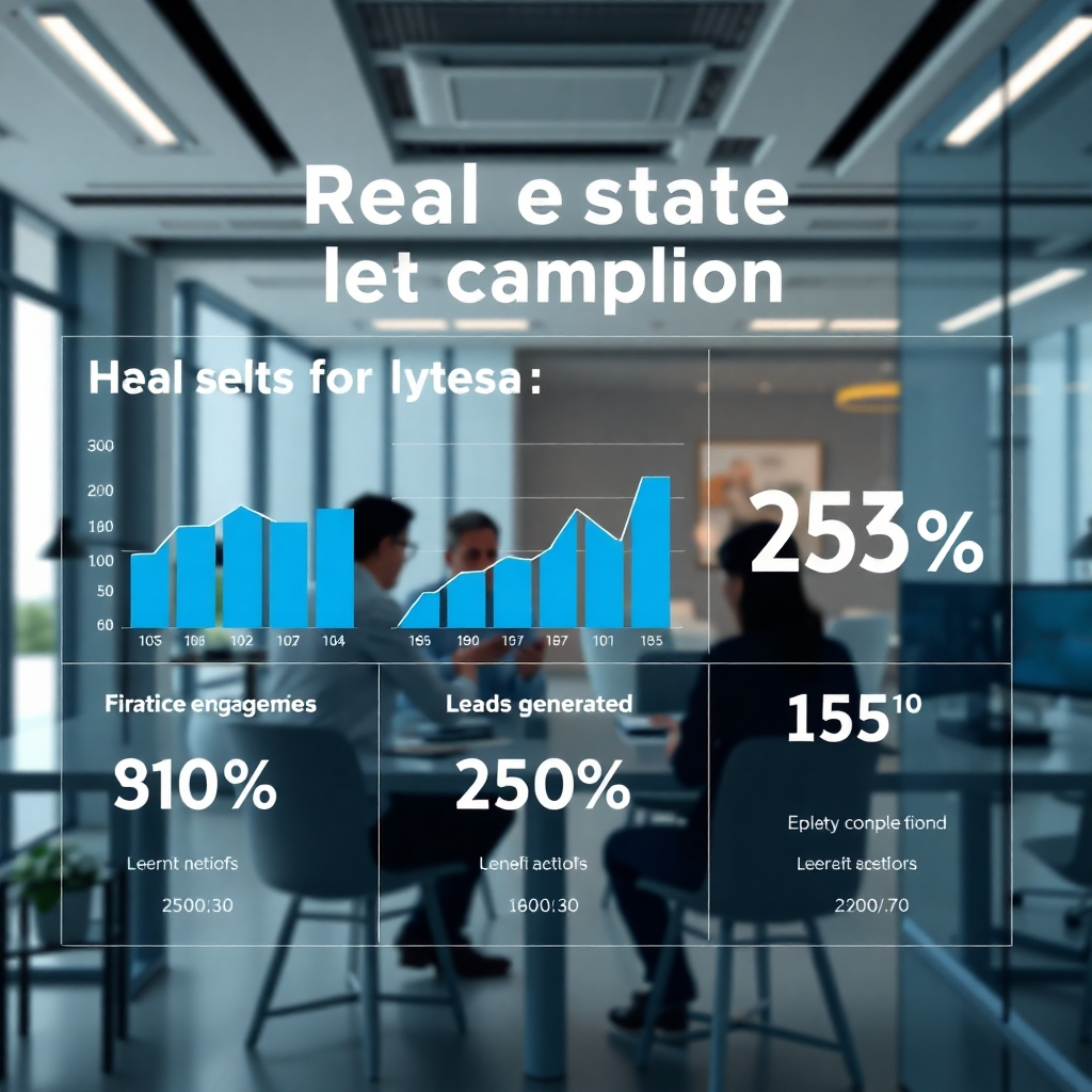 An infographic displaying analytics results for a real estate flyer campaign, showcasing metrics like engagement rates and leads generated. The background features a sleek office environment with a team discussing strategies, and modern digital tools in use.