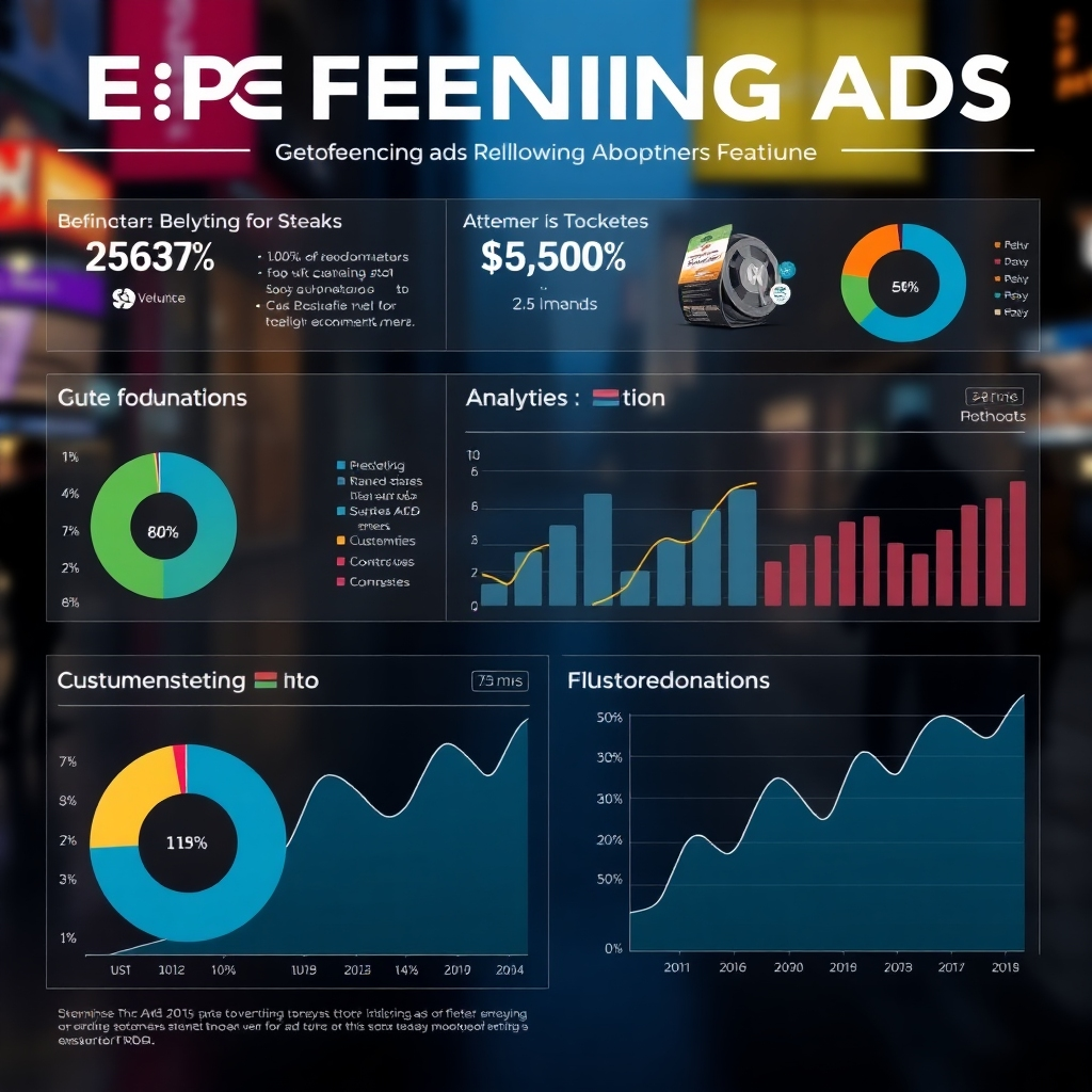 An infographic displaying analytics and performance metrics from geofencing ads, showcasing pie charts and graphs with upward trends, and overlays of customer interactions in a visually engaging and informative manner.
