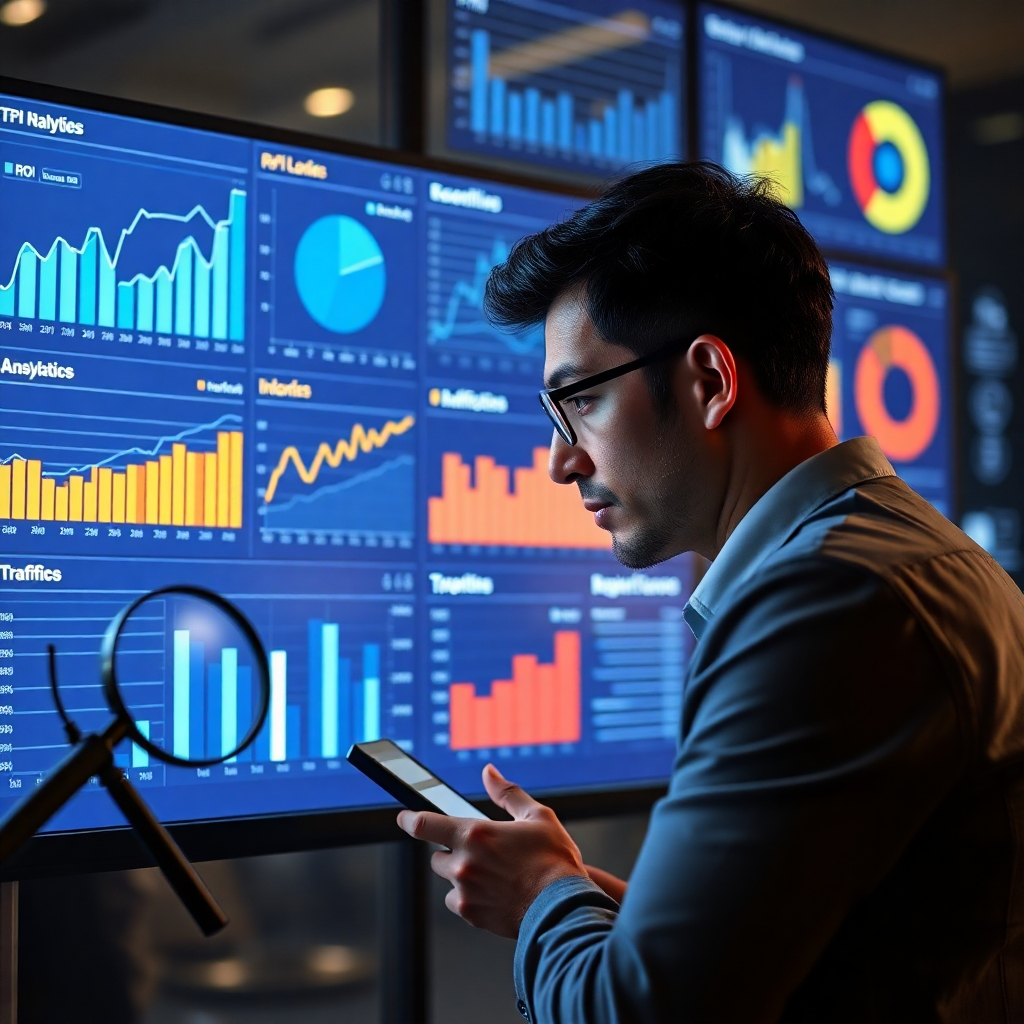 An infographic-style image displaying various analytics charts, graphs, and KPIs like ROI and traffic sources, with an analyst looking thoughtfully at the data on a sleek, modern screen. Incorporate elements like magnifying glasses and calculators to signify detailed analysis.