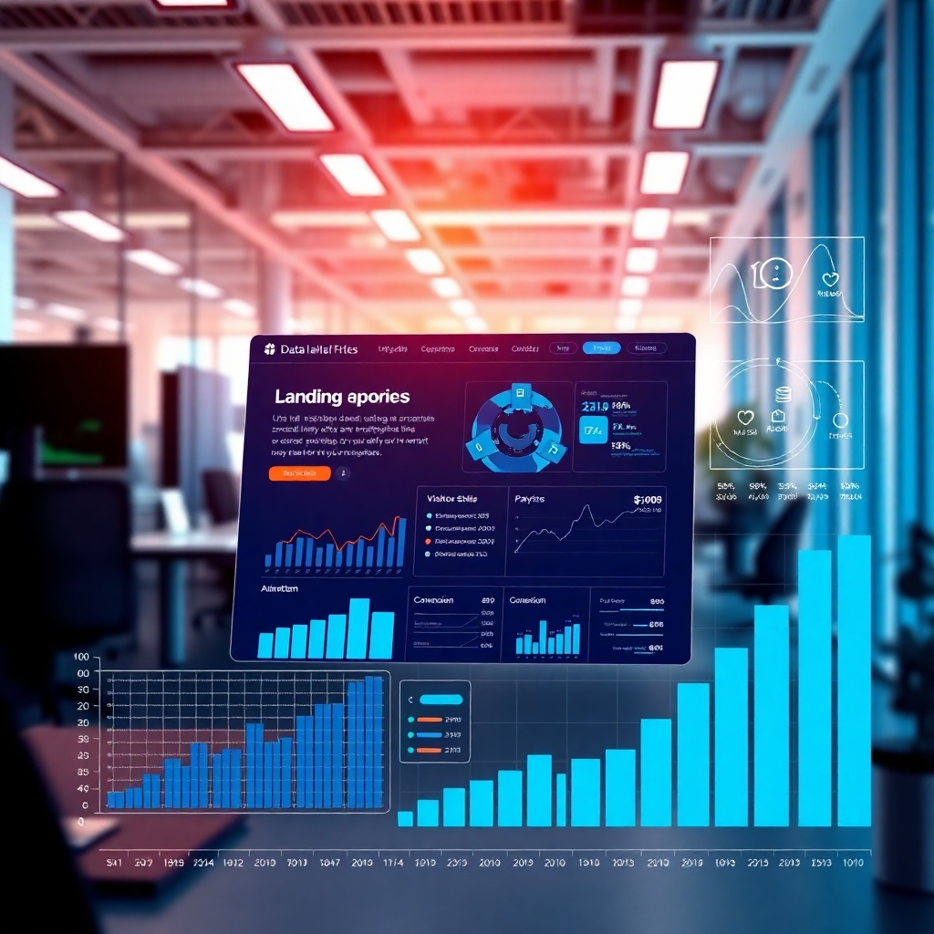 An infographic-style image showing a landing page alongside graphs and analytics data. The visuals depict visitor stats, interaction rates, and conversion metrics, set against a backdrop of a high-tech office environment, emphasizing data-driven decision-making.
