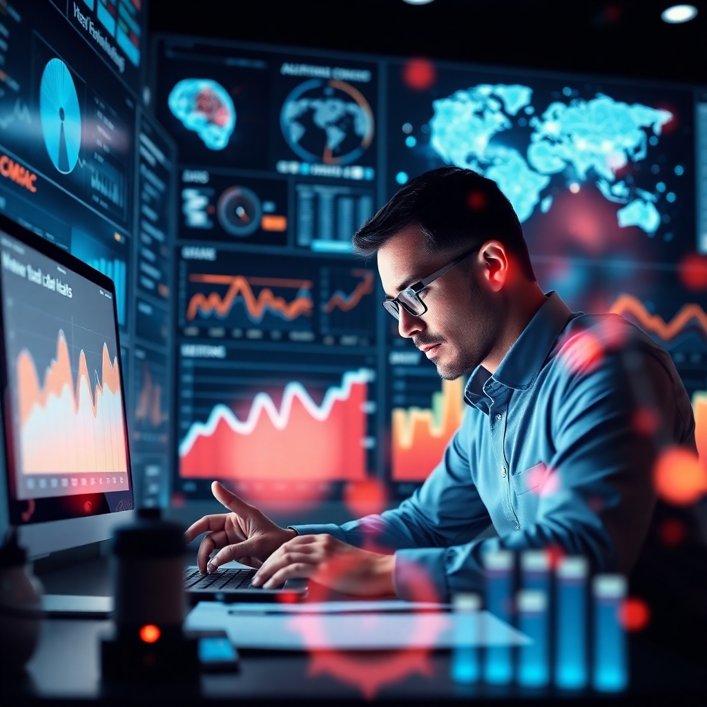 An interactive data dashboard with various graphs and charts illuminating trends and insights, with a business analyst engaged in deep analysis, surrounded by visual cues of AI, such as digital brains or algorithms, emphasizing data-driven decision-making.