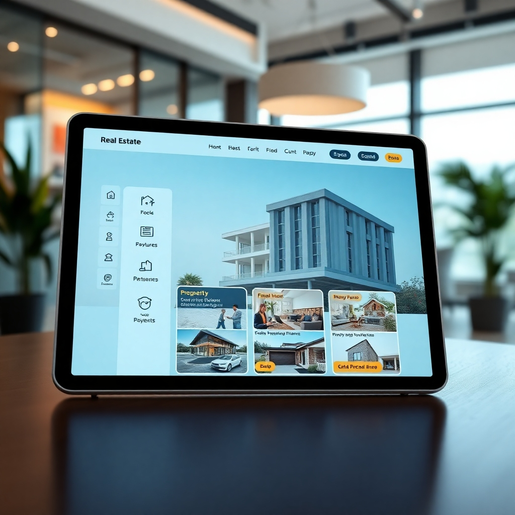An interactive user interface of a real estate website on a smart tablet, depicting an easy navigation menu with icons, user-friendly design elements, and highlighted sections for property searches, all set against a modern, stylish real estate office backdrop.