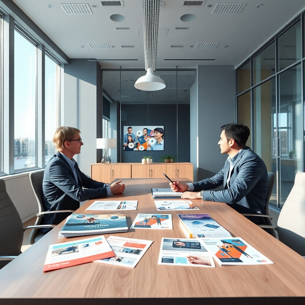 An intimate setting inside a modern office, where a marketing consultant is discussing strategies with a client at a sleek table. The room is well-lit with natural light streaming through large windows, creating a productive and welcoming atmosphere. The color palette includes soft blues and grays that evoke trust and professionalism. Textures of materials like wood and glass amplify the modern vibe. Marketing materials are spread out on the table, showcasing branding elements and visuals from previous successful campaigns. The camera angle is at eye level to create an engaging focus on the consultation process. Style references include contemporary business photography with an emphasis on clarity and professionalism. The imagery should be rendered in 8K resolution, hyperrealistic, and ultra-detailed to reflect high-quality services.