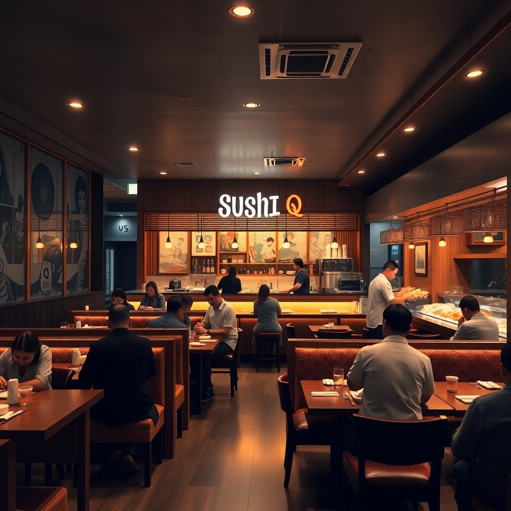 An inviting interior of Sushi Q restaurant, showcasing warm wooden accents, cozy seating arrangements, and dim ambient lighting. The atmosphere is lively with customers enjoying their meals, and sushi chefs skillfully preparing dishes in an open kitchen setup.