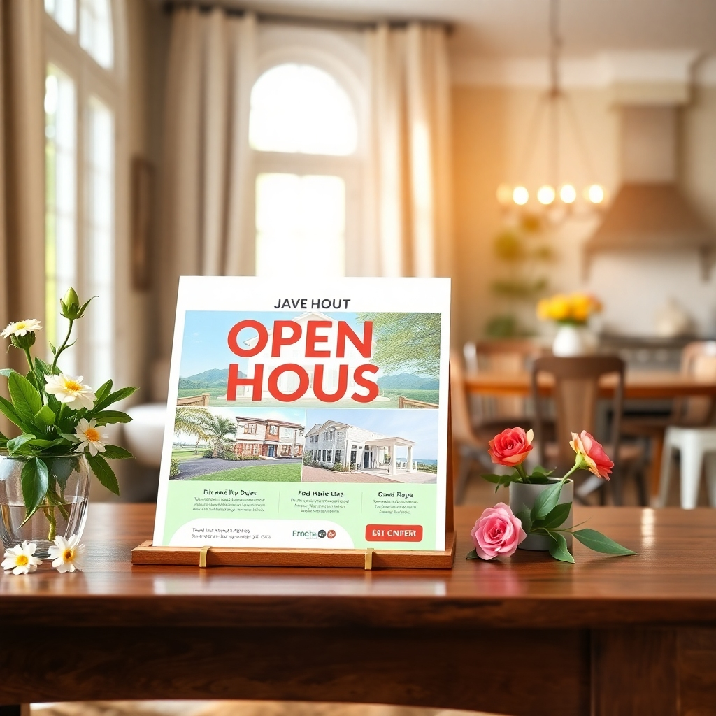An inviting open house flyer displayed prominently on a wooden table, surrounded by fresh flowers and a potted plant. The flyer features bright colors, with visuals of a stunning property, including a cozy living room and spacious kitchen. Soft diffused lighting filters through a nearby window, creating a warm and welcoming atmosphere. The background has a lightly blurred interior of an elegant home, emphasizing the focal point of the flyer. The texture of the flyer is matte, adding a sophisticated touch. The vibrant color palette includes greens, blues, and warm earth tones, reflecting a fresh and lively mood. The image should be captured in 8K resolution, hyperrealistic, highlighting every detail for a professional and modern look.