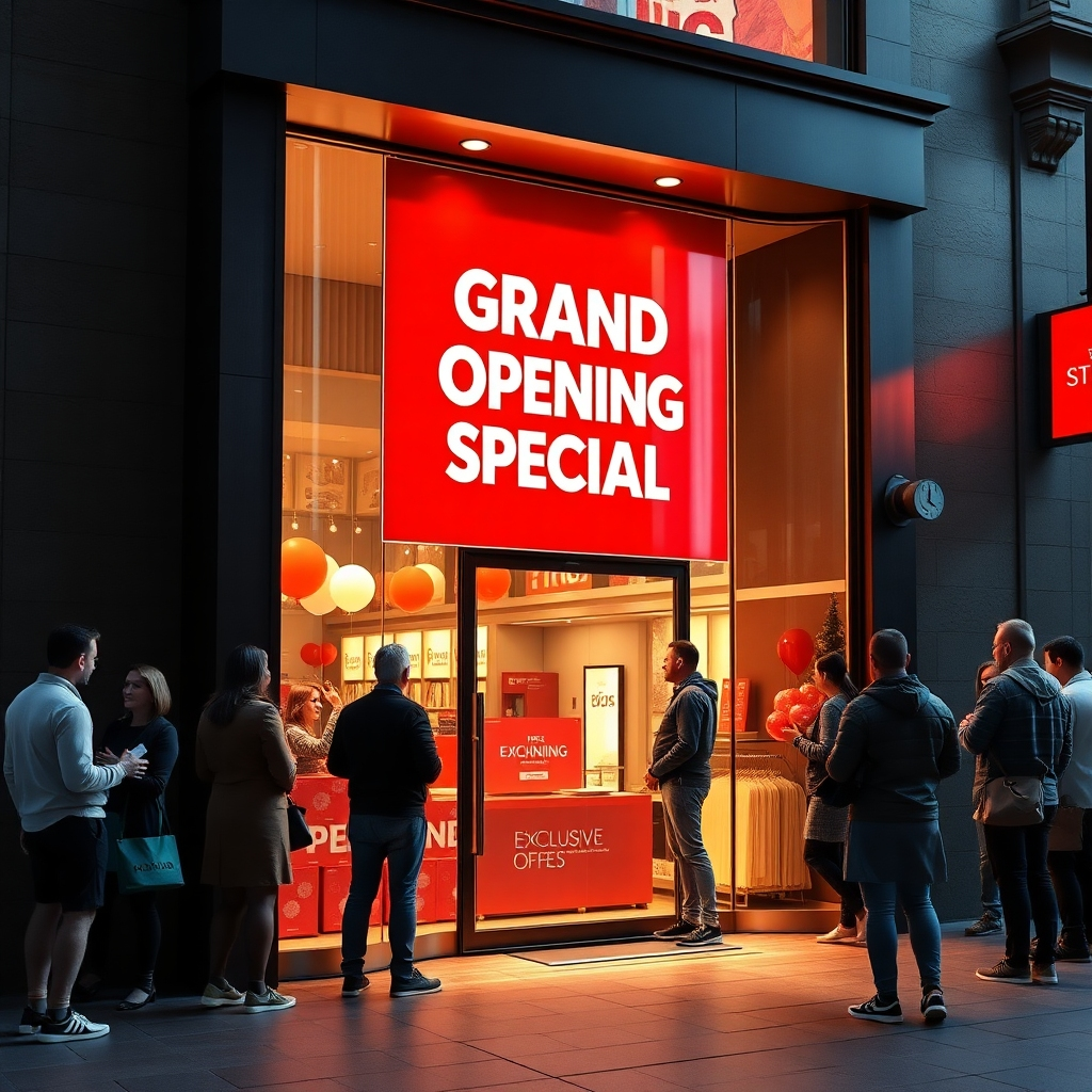 An inviting storefront with a prominent 'Grand Opening Special' sign displayed in the window. Customers are gathered outside, excitedly discussing the exclusive offers, with balloons and decorations adorning the entrance.