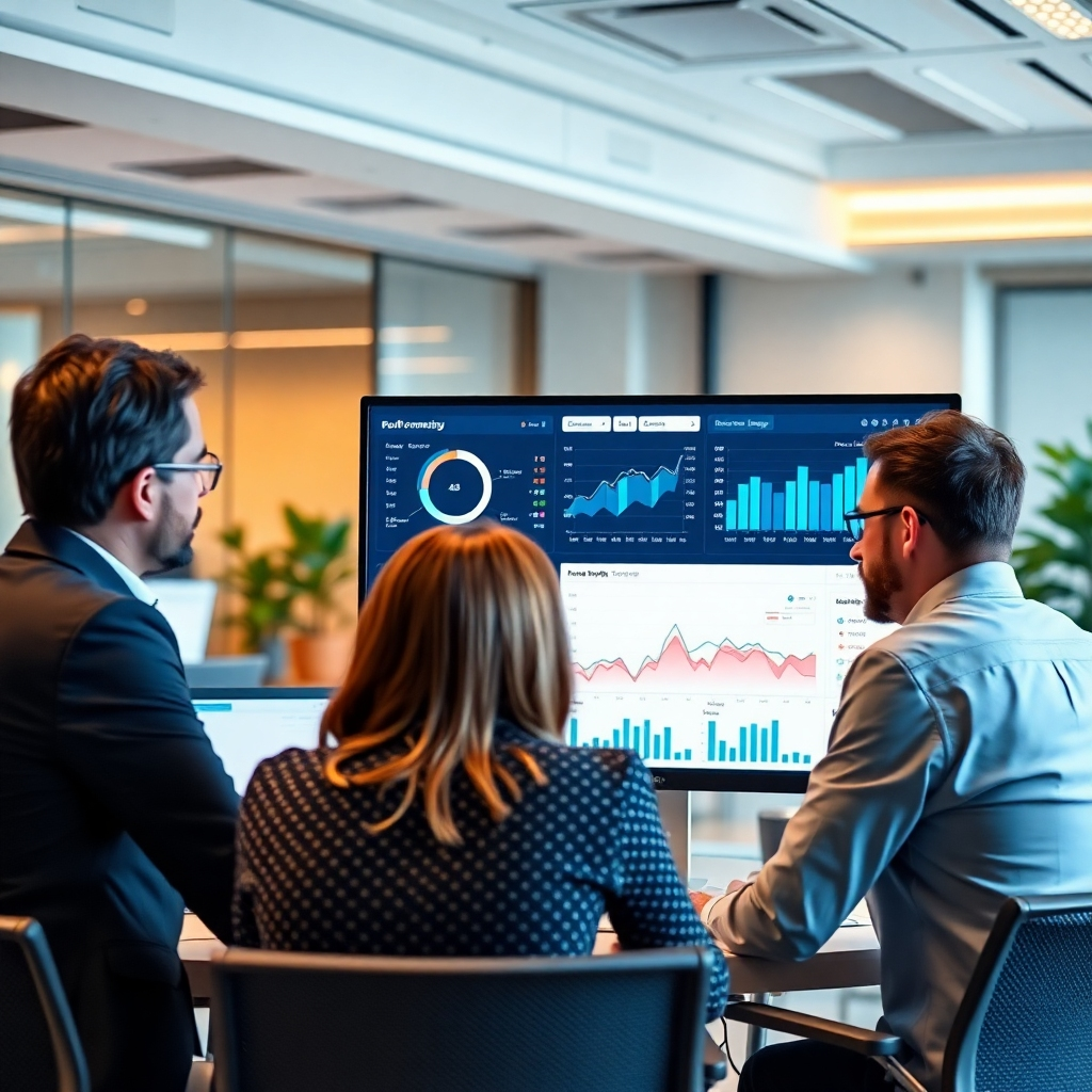 An office setting featuring a dashboard with analytics graphs and performance metrics on a computer screen, showing geofencing campaign data, surrounded by professionals discussing strategies, all in a modern, well-lit environment.