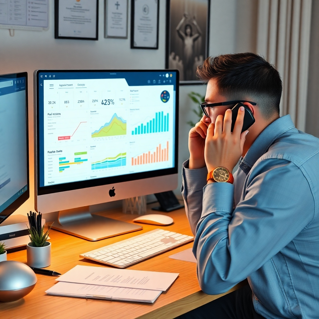 An organized workspace featuring a calendar with scheduled real estate appointments, alongside a computer displaying graphs and analytics of lead engagement. A professional is seen reviewing the data and making calls, emphasizing the importance of data-driven follow-ups in real estate marketing.
