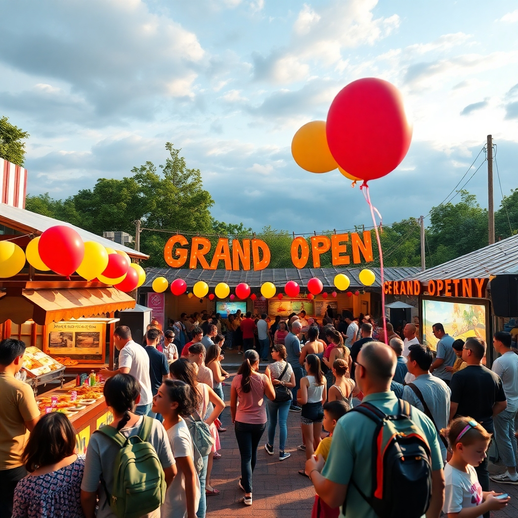 An outdoor grand opening event featuring a crowd enjoying live music, colorful balloons, and food stalls. The scene includes playful activities like a raffle and children playing games, bringing a lively and festive atmosphere to the celebration.