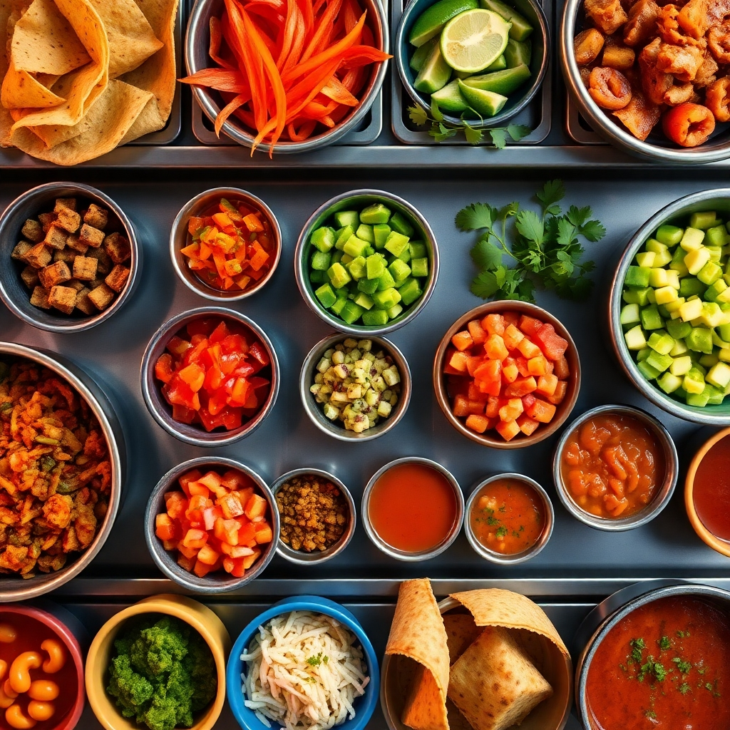 An overhead view of a customizable taco and burrito station showcasing a variety of toppings like grilled vegetables, guacamole, pico de gallo, and salsas displayed in colorful bowls, inviting guests to build their perfect meal.