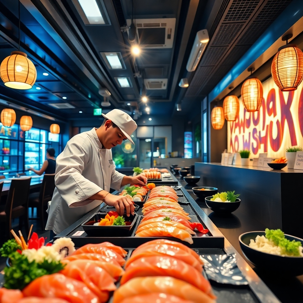 An overhead view of a sushi chef preparing fresh sushi at a bustling sushi bar, showcasing vibrant, glistening fish slices, colorful vegetables, and skilled hands at work, with the ambiance of a modern Japanese restaurant in the background.
