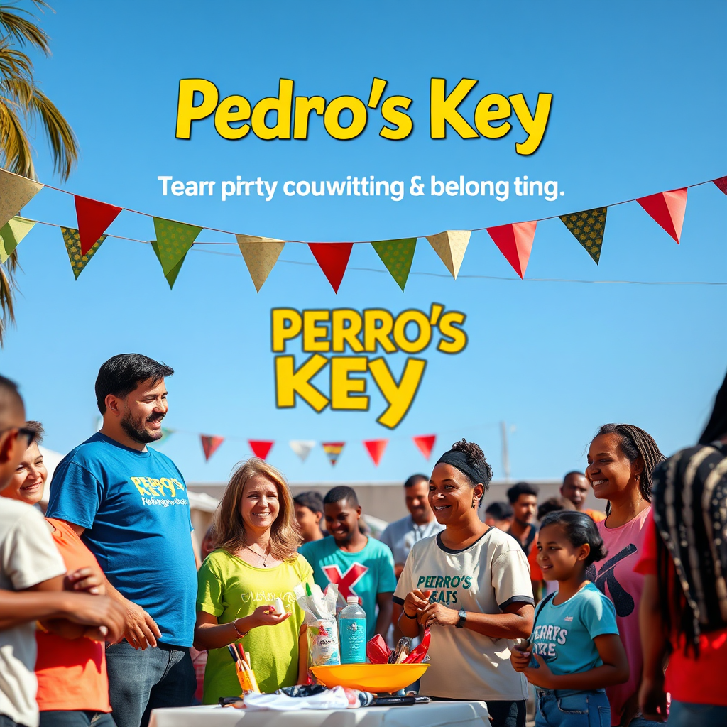 An uplifting image of a local community event where the Pedro's Keys team is showing their services and interacting with families. The atmosphere is joyful, showcasing the strong community ties. Bright colors dominate the scene, with vibrant banners and friendly smiles. This image should encapsulate the commitment to community service and belonging, captured in a high-quality photorealistic style.