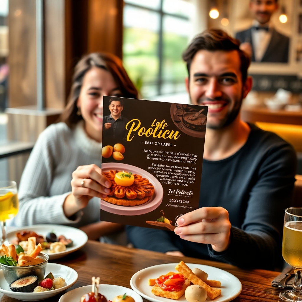 Close-up of a beautifully designed flyer featuring a mouth-watering food image and enticing text. The flyer is held in the hands of a smiling couple sitting at a cozy cafe table, surrounded by plates of delicious food and drinks.