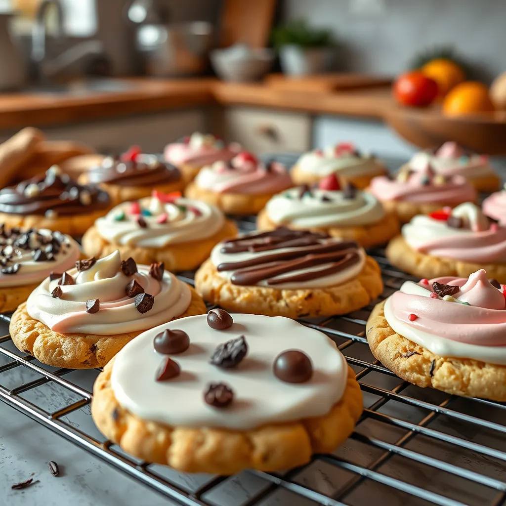 Close-up of a fresh batch of beautifully decorated custom cookies placed on a cooling rack. Ingredients like vanilla beans, chocolate chunks, and fresh fruits are visible on the side, highlighting the premium quality. The background shows a cozy kitchen.