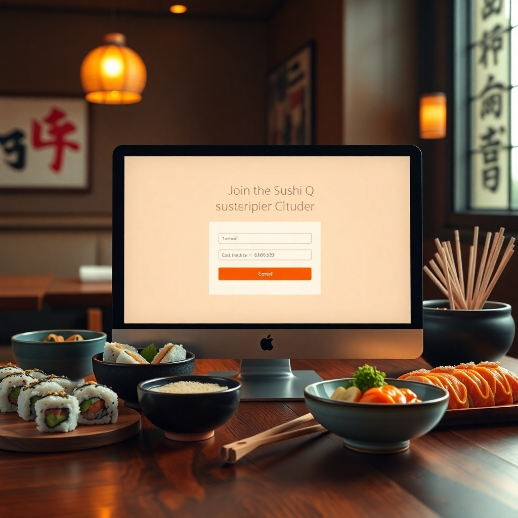 Construct a visually appealing promotional image that showcases the idea of joining the Sushi Q Insider Club. Feature an inviting setup of a computer screen displaying an open email subscription form overlaid on a rich wooden table. Surround the computer with enticing sushi rolls and bowls, hinting at the menu's richness and quality. Use soft, inviting lighting that creates a welcoming atmosphere; warm yellows and soft oranges infused into the scene enhance the feeling of warmth and community. Include subtle elements like a cup of matcha tea and Japanese motifs in the background to evoke the ambiance of a cozy Japanese restaurant. Capture from a slight angle to create depth and allow visibility of the text on the screen. Ensure the resolution is ultra-detailed, emphasizing the richness of color and texture, suitable for an 8K display, while keeping it engaging and enticing.