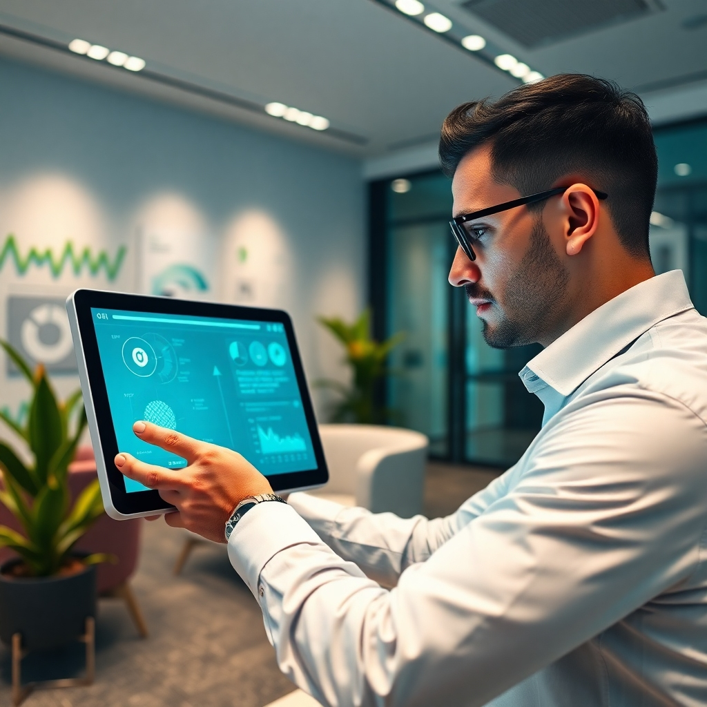 Craft an image that illustrates the concept of innovative business applications in a sleek office space. The focus should be on a modern workspace with an employee interacting with an intuitive AI application on a touchscreen device. Use soft diffused lighting to create a welcoming atmosphere, complemented by a vibrant color palette of greens and whites to signify growth and creativity. The camera angle should be a close-up, capturing the employee's engaged expression and the intricate details of the touchscreen display. Textures should include smooth, modern materials with a touch of greenery from indoor plants. Background elements can feature minimalist furniture and a wall adorned with digital infographics. The style should reflect contemporary tech aesthetics, rendered in ultra-detailed, hyperrealistic quality at 8K resolution.