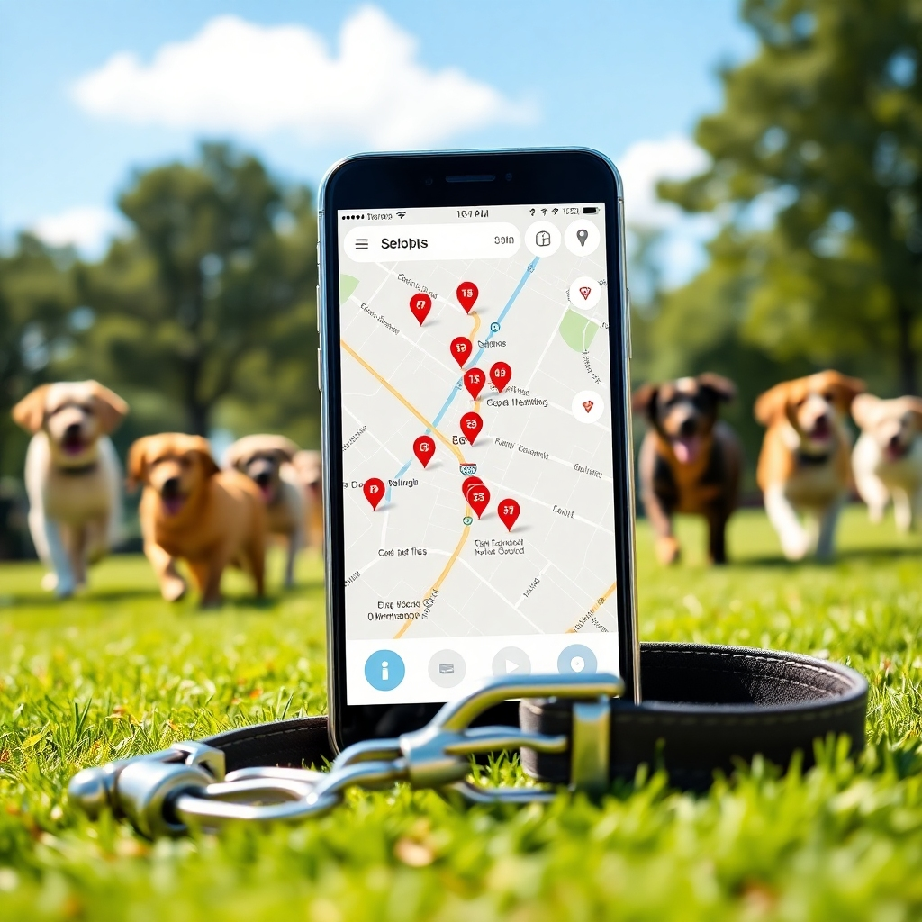 Create a compelling image illustrating a mobile device displaying live GPS tracking of flyer distribution for a dog grooming campaign. The smartphone screen should prominently feature a map with highlighted routes and markers indicating delivery locations. The background should include an outdoor park scene with dogs happily playing and running, representing the target audience for the flyers. The setting is in bright daylight, with clear skies adding to a sense of optimism and reliability. The camera should be focused on the smartphone at a slight angle, providing a comprehensive view of the map. Include details such as the device's polished metallic casing and the textures of the screen. Props could include a dog leash and collar placed alongside the phone, enhancing the pet-centric theme. The composition should reflect modern technology and trust. Style references include tech marketing imagery with a professional vibe. The final image should be in 8K resolution, hyperrealistic, and ultra-detailed.
