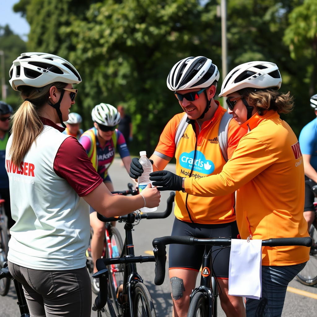 Create a dynamic scene featuring volunteers assisting cyclists during the challenge—offering water, first aid, and encouragement. The image should radiate energy and support, set against the vibrant backdrop of the ride, demonstrating camaraderie among volunteers and riders.