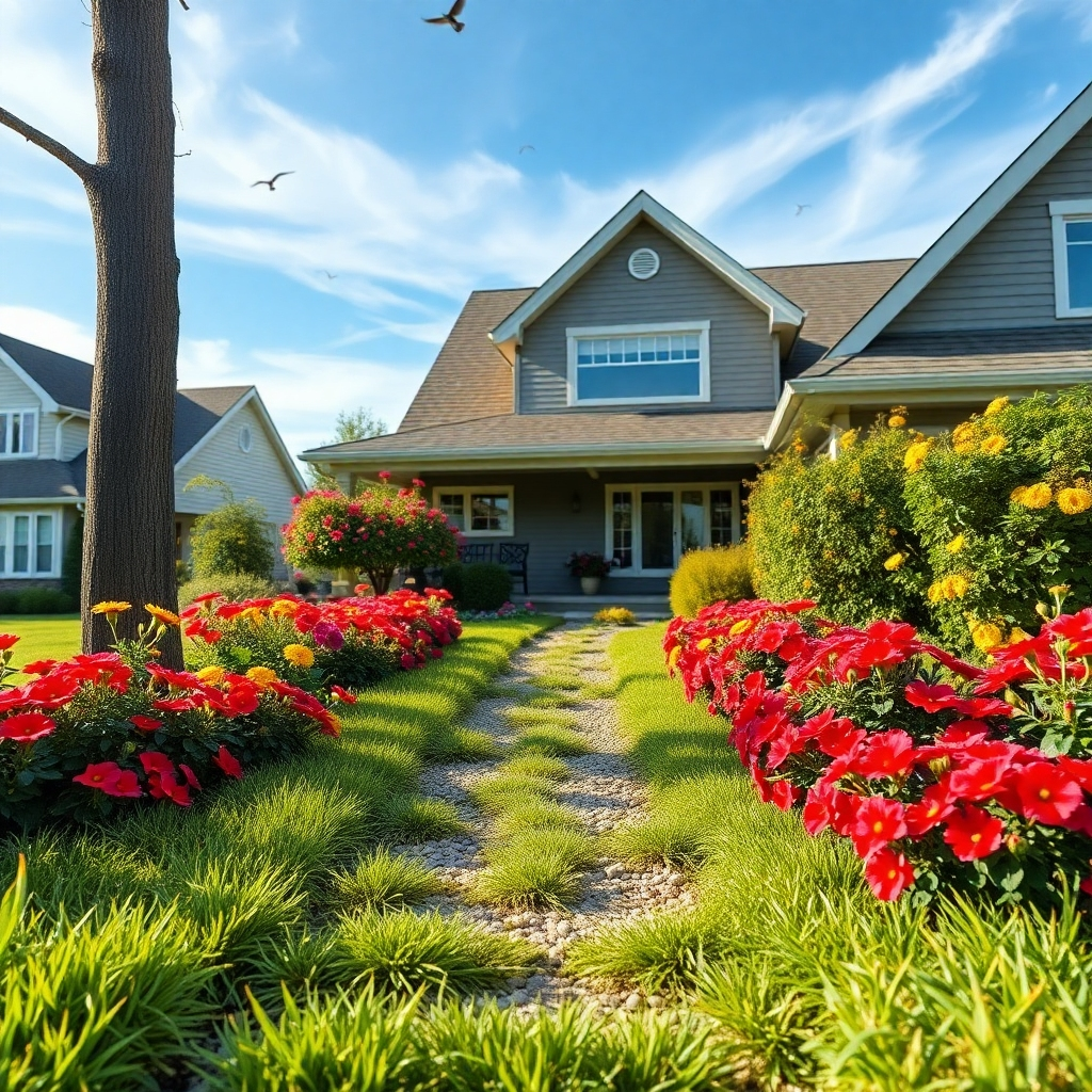 Create a photorealistic image of a suburban front yard featuring vibrant flower beds, manicured bushes, and a charming pathway leading to the front door. Use soft diffused lighting for a serene atmosphere, highlighting the colors of the flowers in shades of red, yellow, and purple against lush green grass. Position the camera at a low angle to capture the depth of the garden and the inviting facade of the house in the background. Include textured details like the rough bark of a tree and the smooth pebbles of the walkway. Add environmental elements such as a blue sky with wispy clouds and a few birds fluttering about. In the style of contemporary garden photography, ensure the composition is balanced and harmonious. Aim for 8K resolution with hyperrealistic details to showcase every petal and leaf.
