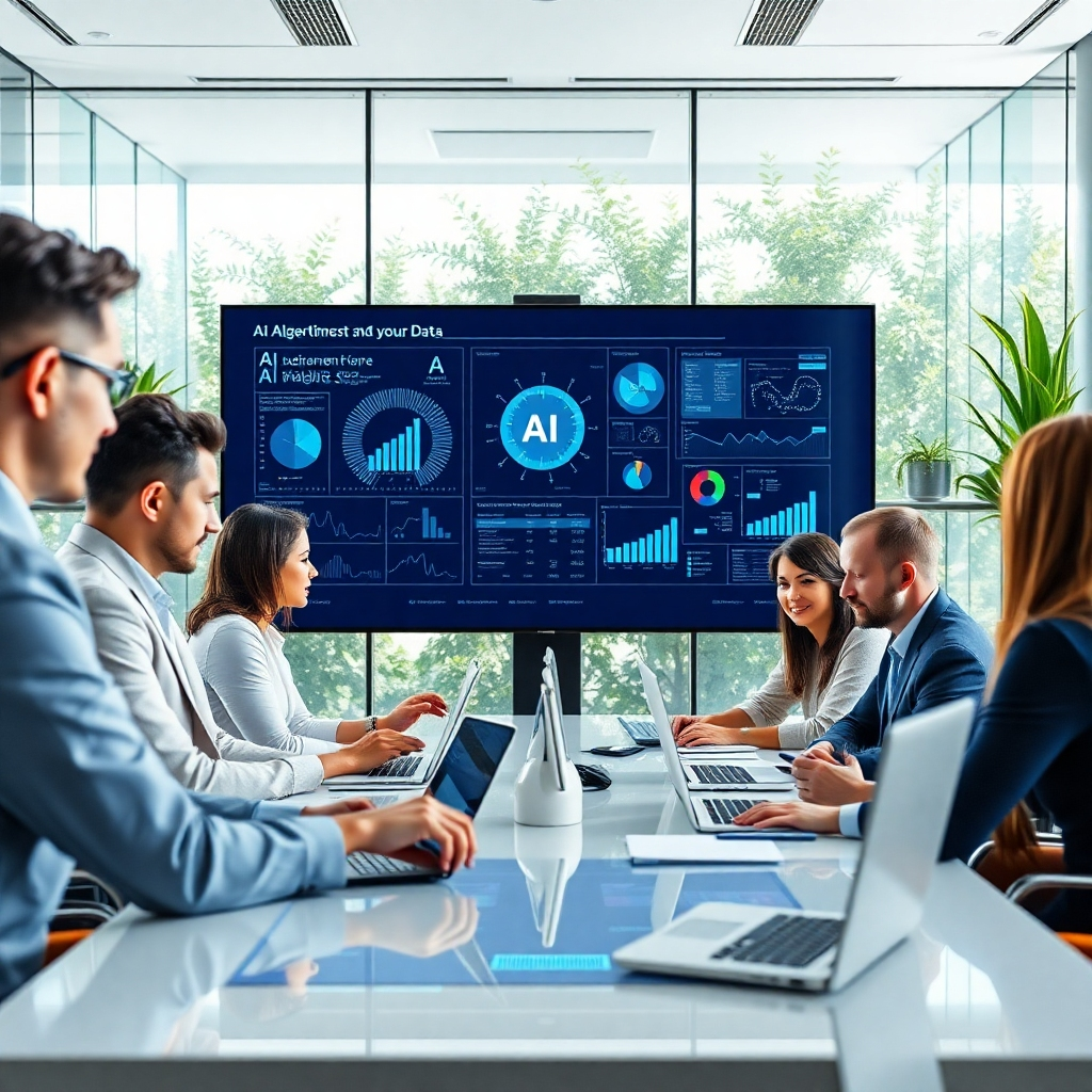 Create a photorealistic image showcasing a diverse team of professionals collaborating in a bright, modern office environment. The main focus should be a large screen displaying complex AI algorithms and data analytics. Use soft diffused lighting to create a calm and productive mood, with a color palette of blues and whites to convey a sense of professionalism and innovation. The camera angle should be slightly elevated, providing an overview of the workspace. Textures should include sleek, high-tech materials with polished surfaces. Incorporate elements like laptops, digital tablets, and futuristic graphical displays. The background should show glass walls and greenery, adding to the openness of the space. Style references can include contemporary corporate photography, aiming for an ultra-detailed 8K resolution finish to capture every nuance in the environment.