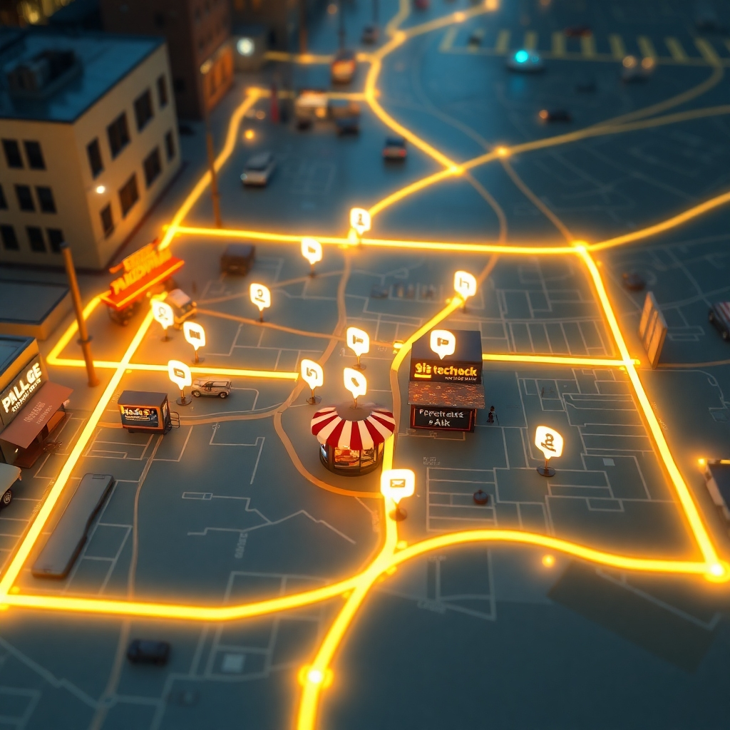 Create a photorealistic image of a digital map highlighting various local businesses with glowing geofencing borders. Include icons for smartphones and notifications to symbolize targeted ads reaching customers within the designated area.