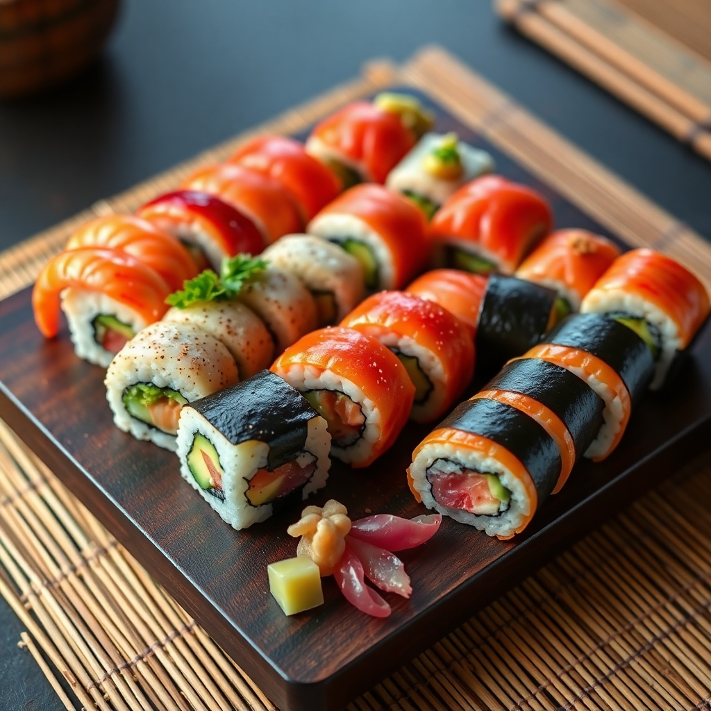 Create a photorealistic image featuring a beautifully arranged platter of Sushi Q's signature rolls including the Dynamite Roll, Caterpillar Roll, and Shooting Star Roll. The platter should be presented on a dark wooden board, emphasizing the vibrant colors of the sushi, such as the deep reds of the shrimp and the greens of the avocado. Arrange the rolls artistically with garnishes like wasabi and pickled ginger scattered around. Use soft diffused lighting to enhance the freshness of the ingredients, with a warm color palette that evokes a sense of comfort and indulgence. Capture the scene from a bird's-eye view, focusing on the intricate details of each roll. The texture of the sushi should look appealing and fresh, showcasing the attention to quality ingredients. Include subtle background elements, like a bamboo mat, to enhance the Japanese aesthetic. Aim for hyperrealistic and ultra-detailed imagery at 8K resolution.