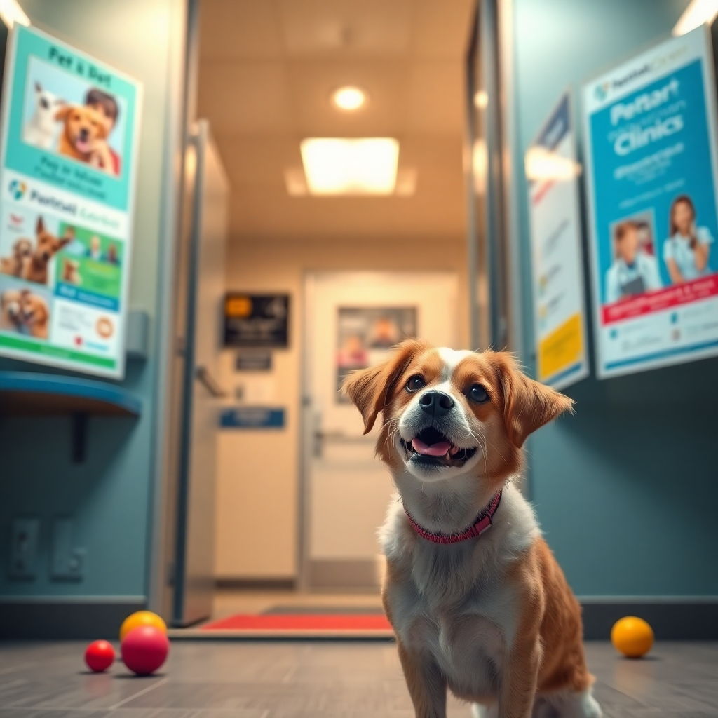 Create a photorealistic image of a veterinarian clinic entrance, warmly lit by soft diffused lighting, showcasing colorful flyers displayed prominently on an information board. The flyers should feature images of happy pets and friendly staff, with a cheerful color palette encompassing pastel blues, greens, and vibrant reds. In the foreground, a well-groomed dog is playfully looking up, with a few toys scattered around, evoking a sense of joy. The perspective should be slightly low, emphasizing the welcoming entry of the clinic, with a clear view of the clinic's name and helpful signs in the background. The overall mood should be inviting and community-focused. Style references can include famous pet photographers, aiming for hyperrealistic detail, and 8K resolution to accentuate textures in the materials and environment.