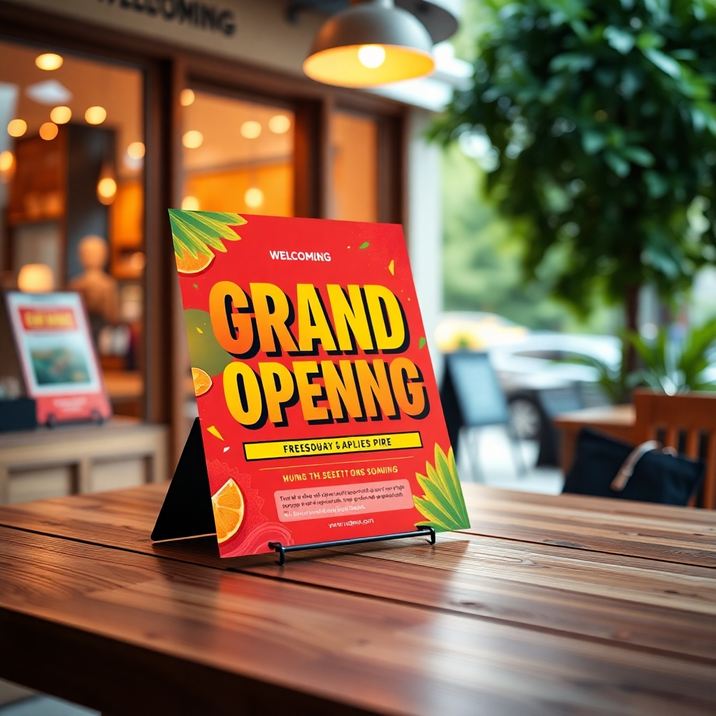 Create a photorealistic image showcasing a vibrant and visually striking flyer design for a grand opening campaign. The composition includes an eye-catching flyer with bold graphics and inviting text, elegantly displayed on a wooden table. Soft diffused lighting casts a warm glow, enhancing the flyer’s colors, which include bright reds, yellows, and greens. The camera angle is slightly elevated, allowing for a clear view of the flyer while capturing the inviting atmosphere of a welcoming storefront in the background. The scene features texture details such as the glossy finish of the flyer, subtle wood grain of the table, and hints of scattering confetti, creating a celebratory mood. Add soft, blurred greenery in the background to suggest an outdoor setting, evoking feelings of excitement and community. This image should be in ultra-detailed 8K resolution and hyperrealistic style, reminiscent of contemporary marketing photography.