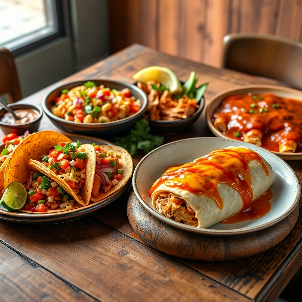Create a photorealistic image of an array of authentic Mexican dishes on a rustic wooden table. Include colorful tacos with vibrant toppings, a large burrito with melted cheese, and a plate of enchiladas smothered in sauce. The scene should evoke warmth and nostalgia.