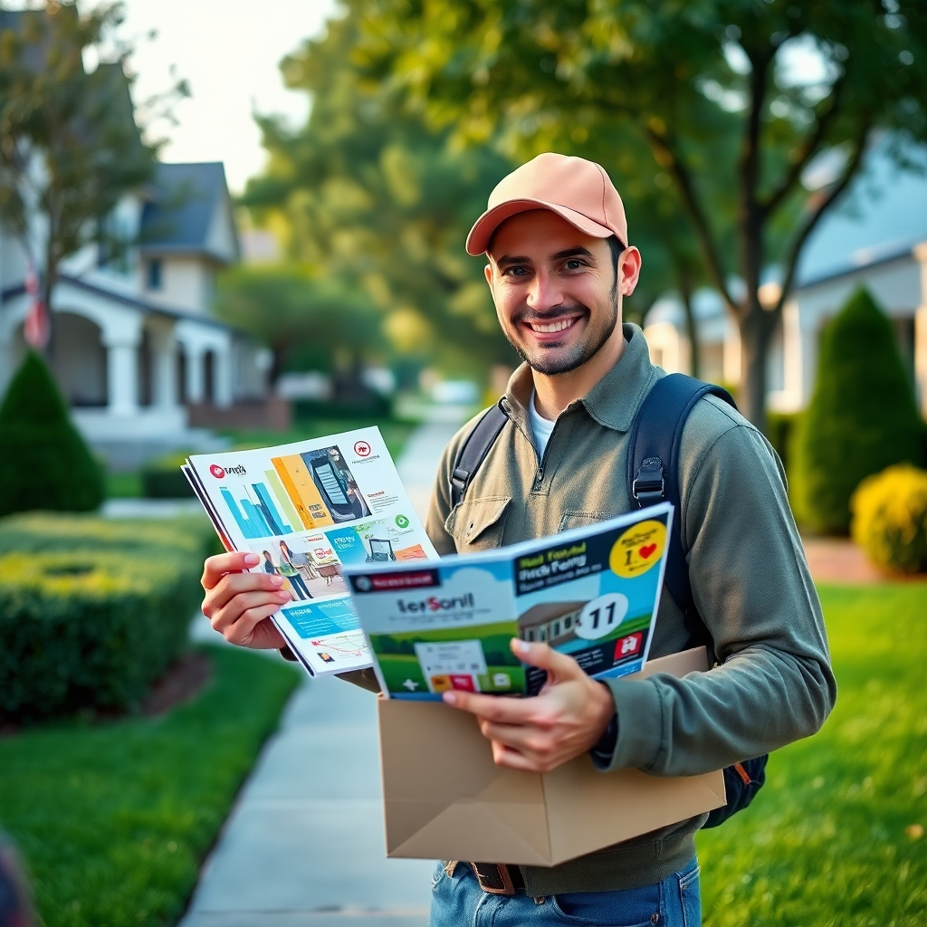 Create a photorealistic image of a friendly delivery person distributing colorful, professionally designed flyers in a vibrant neighborhood. Capture the essence of precision marketing by featuring a GPS tracking device in their hand. The lighting should be soft and diffused, creating a welcoming atmosphere. The color palette should include bright blues and greens to evoke freshness and trust. Use a slightly elevated camera angle to emphasize the interaction between the deliverer and a receptive neighbor. Include suburban trees and well-kept lawns in the background, enhancing the local community feel. The flyers should be visibly branded with a logo, symbolizing targeted marketing efforts. Style inspired by contemporary commercial photography. Must be in 8K resolution and hyperrealistic, ensuring all elements are ultra-detailed.
