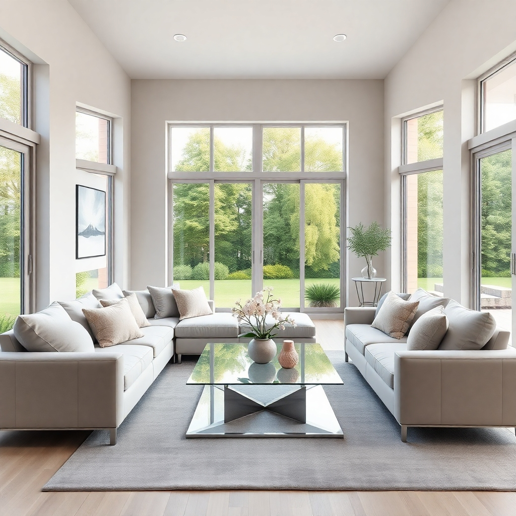 Create a photorealistic image showcasing a beautifully staged living room in a modern house, bathed in soft diffused lighting. The room features a stylish sofa, elegant glass coffee table, and large windows that fill the space with natural light, creating a warm and inviting atmosphere. Use a color palette of soft grays, whites, and subtle hints of pastel colors. The camera angle is from a slight low perspective, capturing the depth of the room as well as the stunning view outside. The textures of the furniture, fluffy throw pillows, and decor items should be ultra-detailed, emphasizing the materials like leather, fabric, and glass. Include environmental elements like a lush, green garden visible through the windows. This image should be in the style of contemporary real estate photography, created in 8K resolution with hyperrealistic details that attract potential buyers.