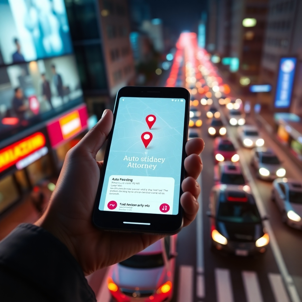 Create a photorealistic scene showing a digital map overlay with bright geofencing markers in vibrant colors. The foreground features a close-up of a smartphone displaying an ad for an auto accident attorney, with soft diffused lighting emanating from the screen. The background shows a busy city street filled with cars, illustrating movement and urgency. The color palette should be dynamic, with blues and reds symbolizing urgency and trust. Capture the perspective from above, looking down on the phone with a slight tilt, showcasing the vibrant urban environment. Add texture by incorporating reflections on the smartphone screen and details like small notifications popping up. Aim for an ultra-detailed, hyperrealistic effect in 8K resolution, inspired by contemporary digital art styles.