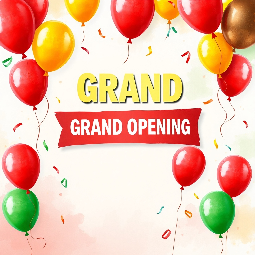 Create a vibrant and visually striking flyer design showcasing a grand opening event. The flyer features bold, attention-grabbing headlines in large fonts and an appealing color palette of bright reds, yellows, and greens. The background is textured to resemble hand-painted watercolor, which adds warmth and artistic flair. Infuse exciting elements such as balloons, confetti, and a prominent 'Grand Opening' banner in the center. The lighting should be soft and diffused, enhancing the overall inviting feel. The design exudes a joyful and festive mood, aimed at drawing in local families. Capture the essence of community spirit, reflecting a celebration atmosphere. The layout should be clean, optimized for print, and projected in an ultra-detailed style that makes the colors pop. Render this in 8K resolution to ensure every detail shines. Aim for a design that feels alive and engaging, encouraging recipients to mark their calendars.
