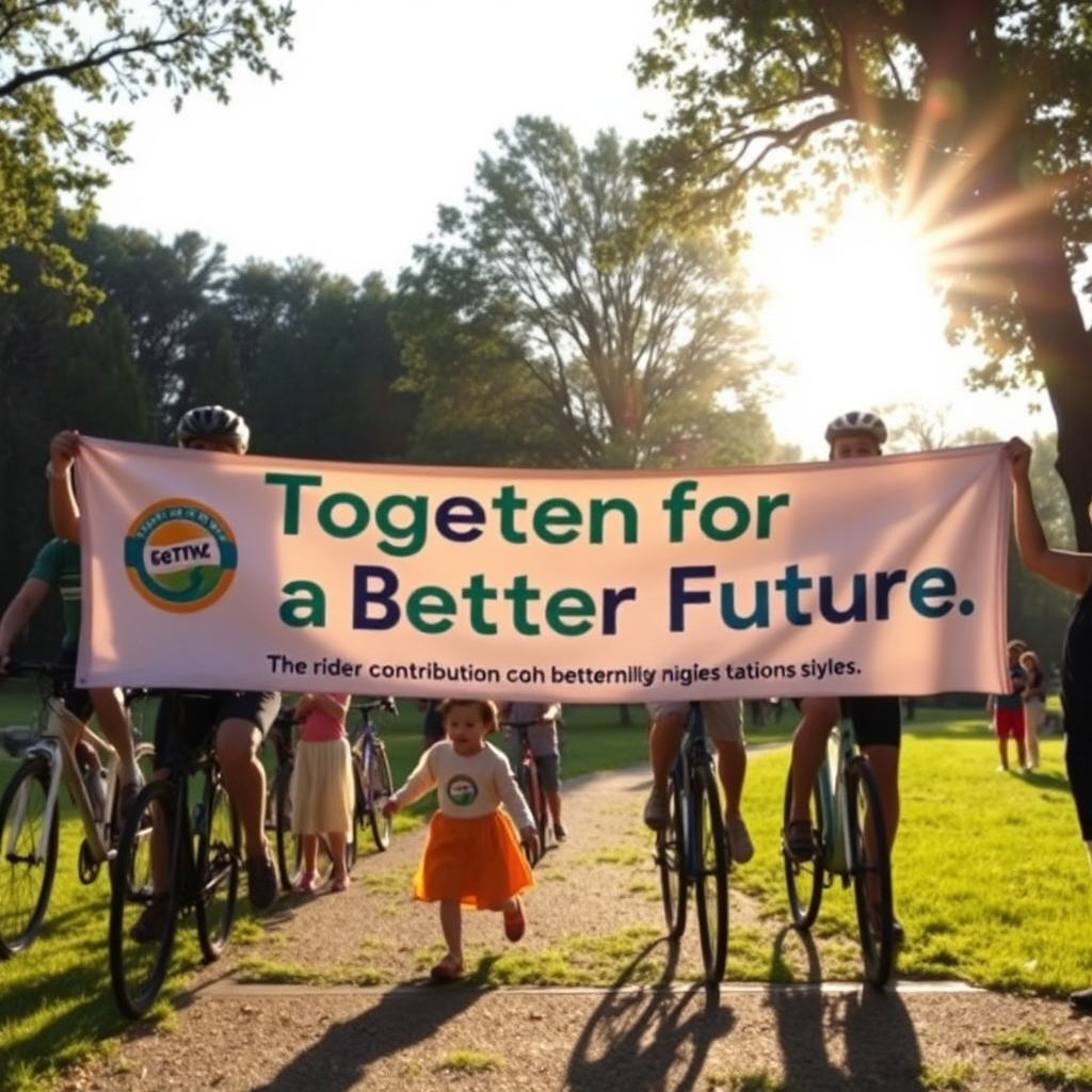 Create an image that features a heartwarming moment of community support, with cyclists holding a large banner that reads 'Together for a Better Future.' The setting should be lively, with children playing in the background, symbolizing the impact of rider contributions. Sunlight filters through trees, creating a glowing effect.