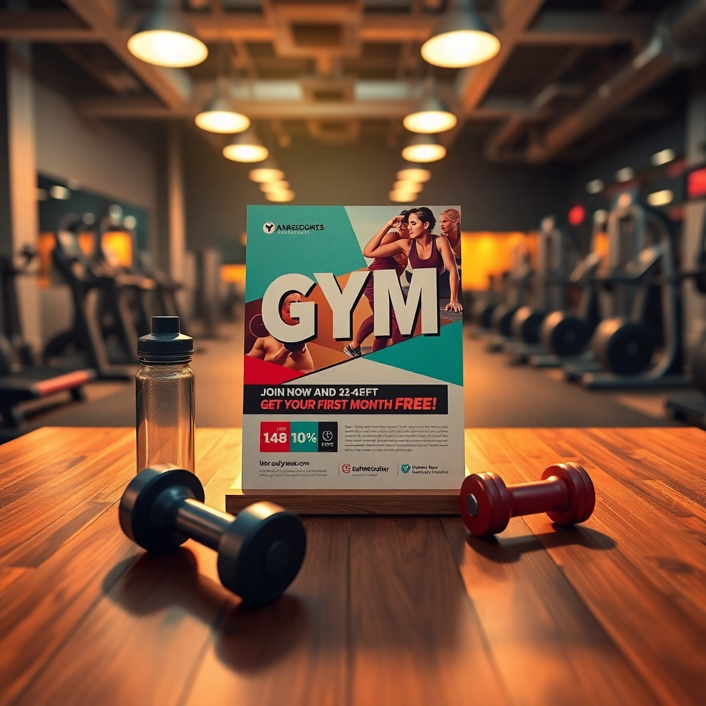 Create an ultra-high quality image of a vibrant gym flyer displayed on a wooden table. The flyer should feature bold graphics, high-energy visuals of people working out, and text with enticing offers like 'Join Now and Get Your First Month Free!' The lighting should be warm and inviting, enhancing the colors of the flyer. Include elements like dumbbells and a water bottle subtly placed nearby for a fitness touch. The background should showcase a blurred gym environment with cardio machines and weights, creating an inviting atmosphere. Use a camera angle slightly above the table for a dynamic perspective. The overall mood should be energetic and motivational, reflecting the excitement of joining a gym. Ensure the image is hyperrealistic, in 8K resolution, capturing every detail of the flyer texture and gym elements.
