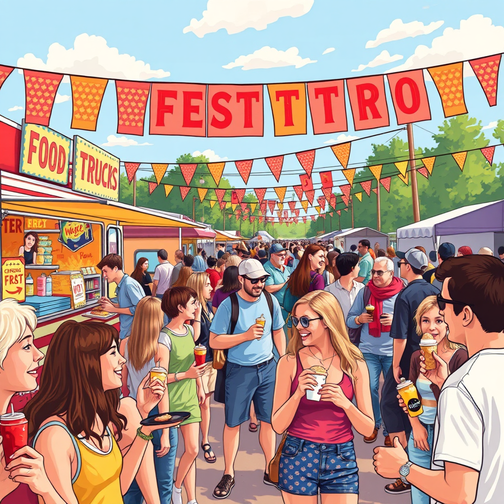 Depict a vibrant outdoor festival scene with people enjoying food trucks, live music, and communal laughter. Highlight festival-goers of all ages, engaging with local vendors and savoring delicious treats. The setting should be colorful and bustling, creating a joyful community atmosphere under festive banners.
