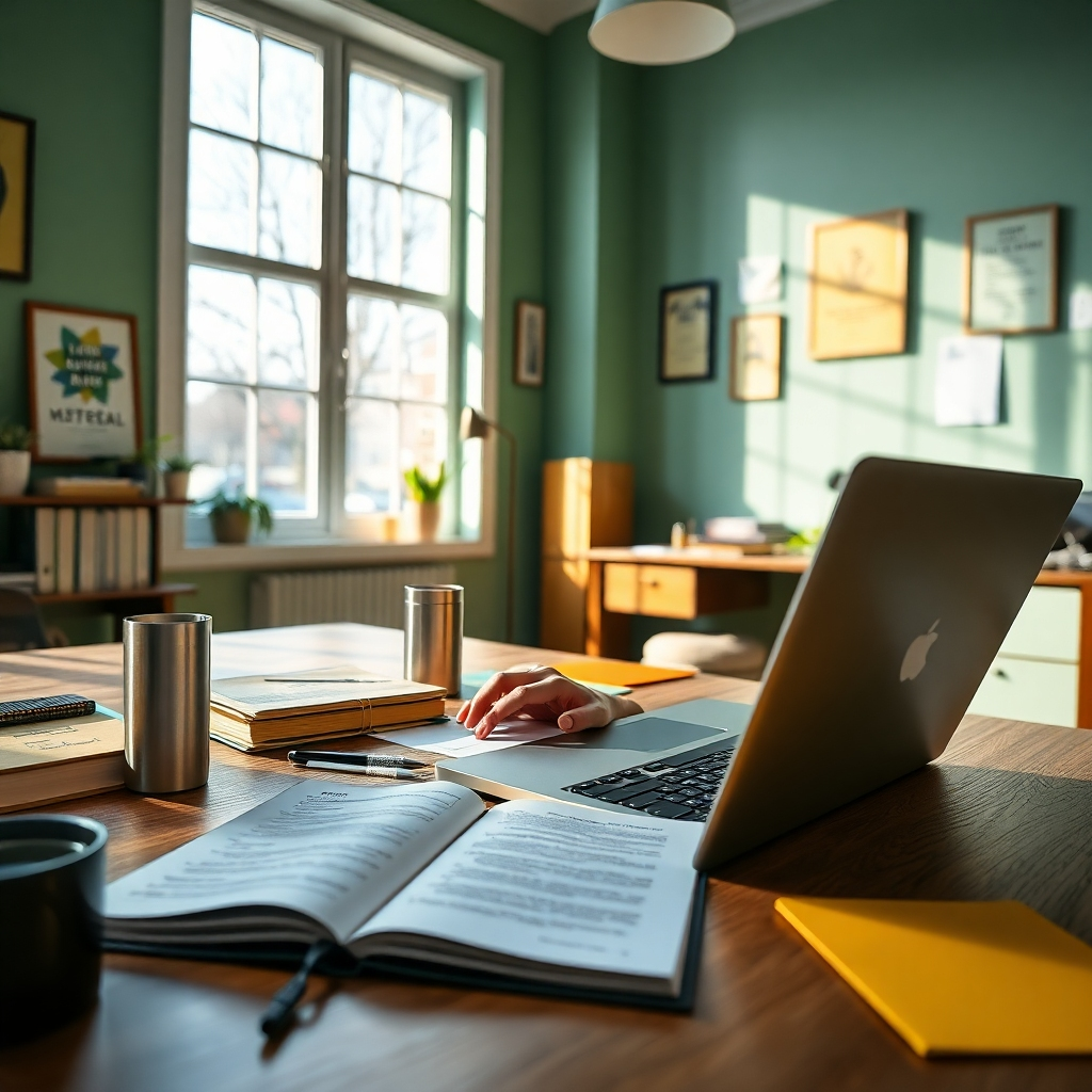 Design a captivating workspace scene featuring a lawyer researching on a laptop surrounded by notes, books, and a coffee tumbler. The room should be filled with natural light, creating a bright and motivating atmosphere. Use a color palette with greens and yellows to convey creativity and optimism. From a slightly elevated camera angle, showcase the lawyer's hand typing while notes and an open law book are spread across the desk. Include detailed textures of paper, the coffee tumbler, and the laptop keyboard. Add subtle decorations on the walls, like motivational quotes or a certificate of appreciation. Focus on capturing this scene in hyperrealistic 8K resolution, influenced by lifestyle photography.