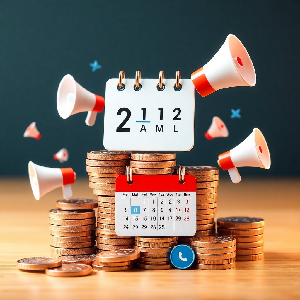 Design an image showing a stack of coins or currency notes with a calendar, indicating a budget plan. Incorporate symbols of marketing, like megaphones or social media icons, to emphasize affordability and effectiveness in advertising.