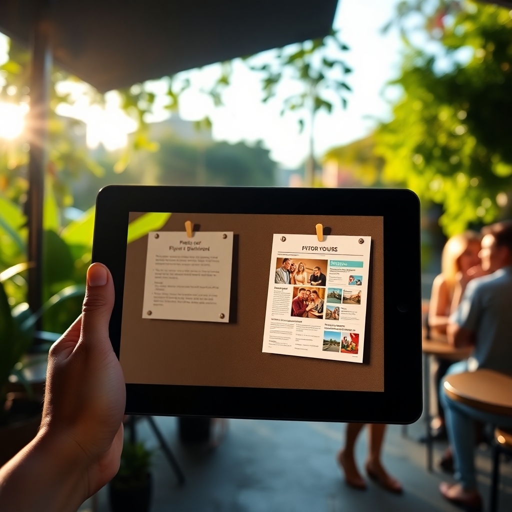 Design an ultra-realistic scenario depicting a digital display on a tablet showing photo proof of flyer distribution in action. Capture an engaging image of a flyer pinned to a notice board with a geotag watermark overlay representing authenticity. The environment should be an outdoor café with lush greenery and afternoon sun creating dramatic side lighting that adds depth to the scene. The color palette should feature earthy tones alongside pops of color from the flyers and surrounding flora, creating an inviting mood. Capture the texture of the hard tablet screen along with the material of the flyers to create an engaging contrast. Background should include happy customers interacting, emphasizing trust. Style inspired by lifestyle photography, delivered in hyperrealistic, ultra-detailed 8K resolution.