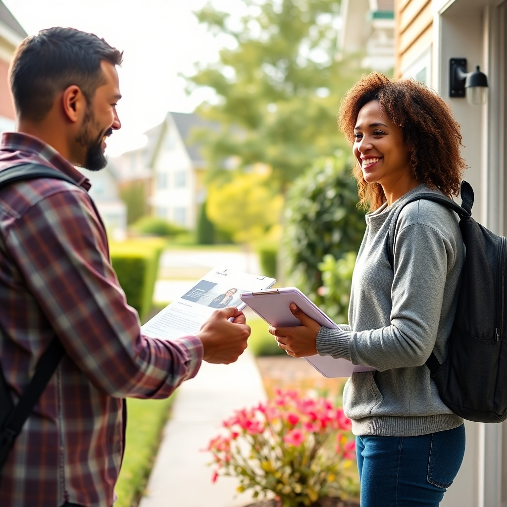 Envision a vibrant neighborhood scene showing a dedicated marketing team distributing gym flyers door-to-door. Capture the moment a smiling marketer hands a flyer to a motivated resident outside their home. Utilize soft diffused lighting to highlight the interaction, creating a friendly mood. The background should be filled with suburban homes and lush greenery, evoking a warm community spirit. Include props such as a backpack filled with flyers and a clipboard for notes, capturing the essence of professionalism. Use a camera angle at eye level to show the connection between team members and community residents. The image should be hyperrealistic, in 8K resolution, focusing on the textures of the flyers, the clothing of the marketers, and the inviting neighborhood atmosphere.