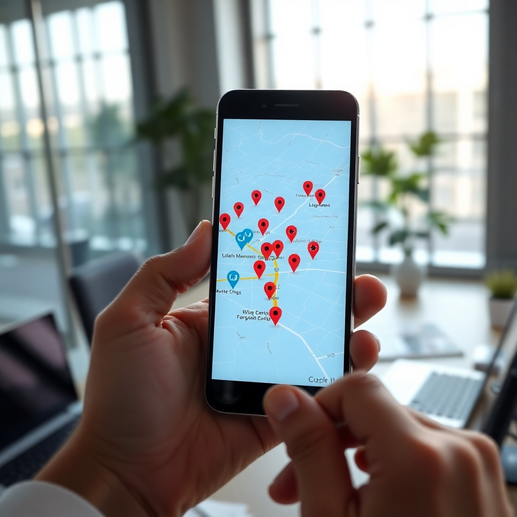 Generate a detailed image of a digital map on a smartphone screen showcasing a live GPS tracking interface for flyer deliveries. The map should highlight various delivery routes and locations marked with vibrant pins. The background should be a modern office setting with soft, natural lighting filtering through large windows. The color palette should incorporate sleek grays, subtle greens, and the bright blues of the map interface to highlight technology and efficiency. Capture a close-up of a hand holding the smartphone to create an engaging perspective. Include various office-related props like a laptop and marketing materials on the desk. Style should reflect cutting-edge technology advertising, hyperrealistic in 8K resolution, showcasing clarity and detail.